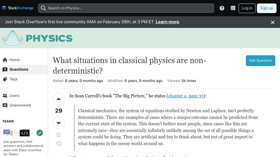 Screenshot of physics.stackexchange.com: What situations in classical physics are non-deterministic?