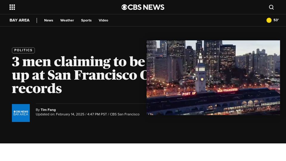 Screenshot of cbsnews.com: Men claiming to be from DOGE show up at San Francisco City Hall, demand records