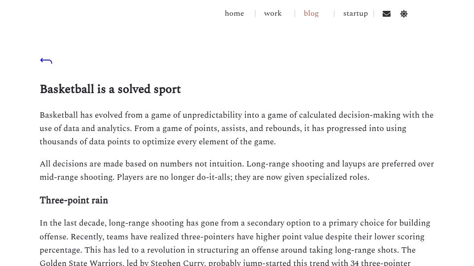 Screenshot of nabraj.com: Basketball has evolved into a game of calculated decision-making