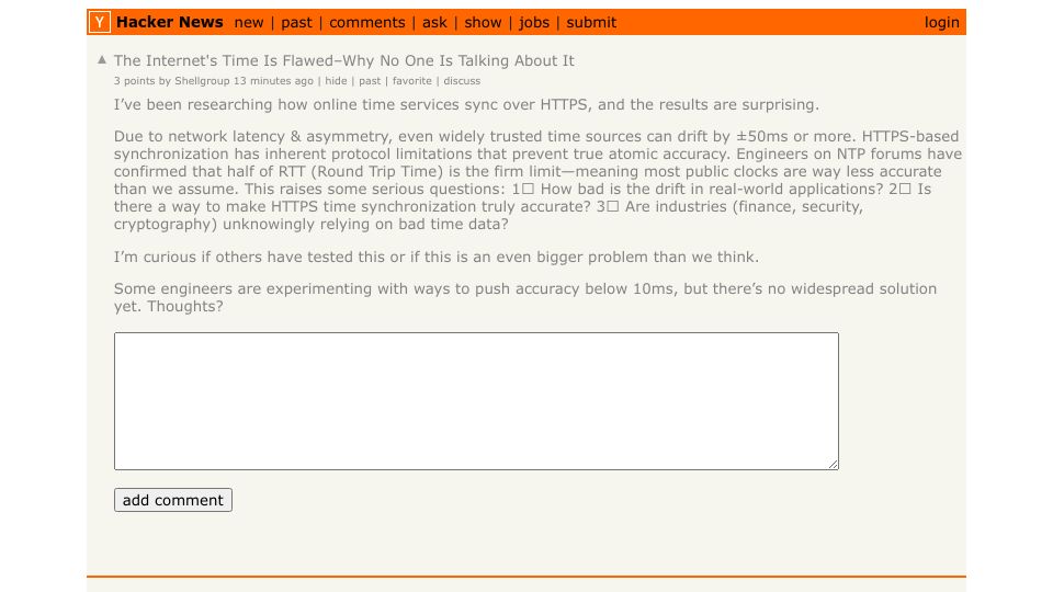 Screenshot of Hacker News post: The Internet's Time Is Flawed–Why No One Is Talking About It