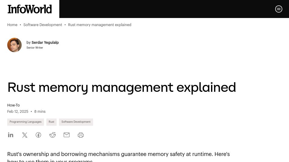Screenshot of infoworld.com: Rust Memory Management Explained