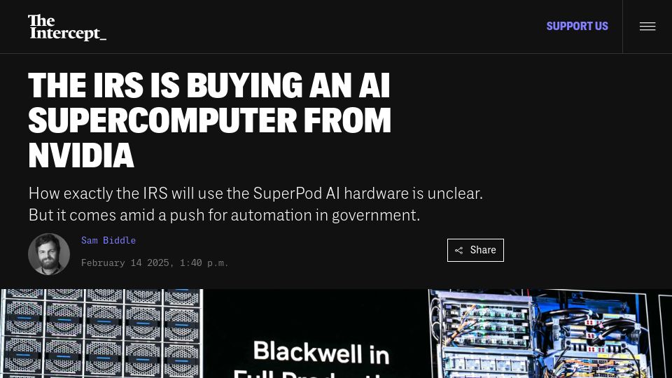 Screenshot of theintercept.com: The IRS Is Buying an AI Supercomputer from Nvidia