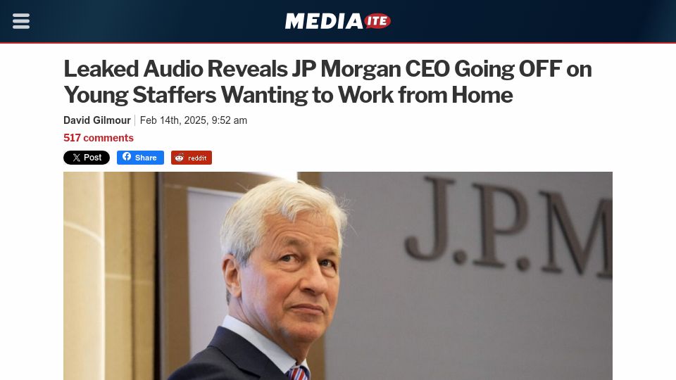Screenshot of mediaite.com: "the Zooms don't show up" Jamie Dimon