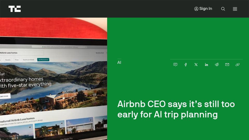 Screenshot of techcrunch.com: Airbnb CEO says it's still too early for AI trip planning