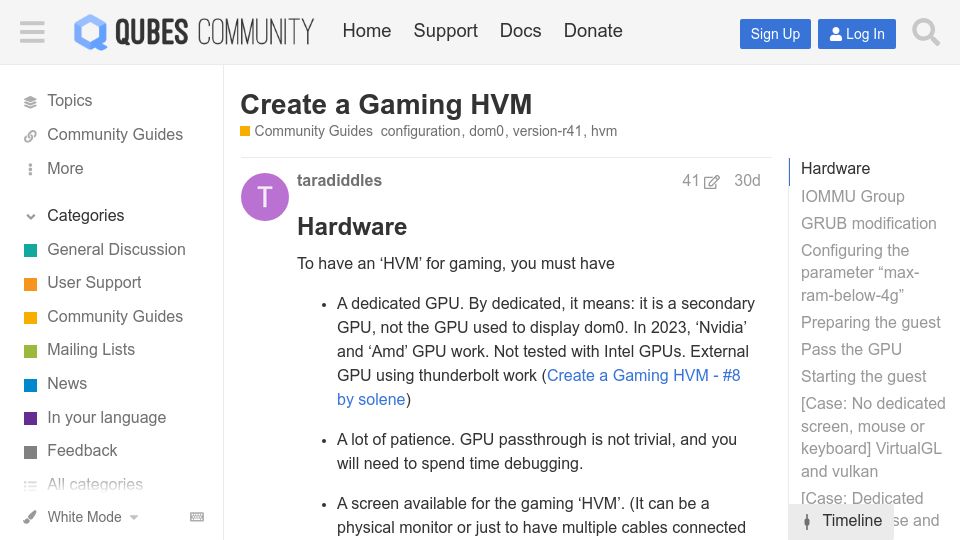 Screenshot of forum.qubes-os.org: Create a QubesOS Gaming HVM with GPU PCI passthrough (2023)