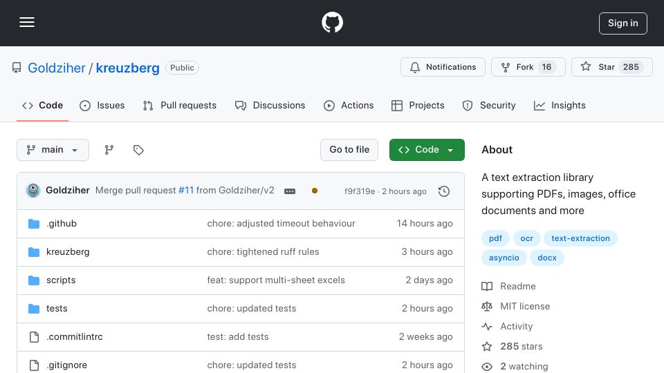 Screenshot of github.com: Show HN: Kreuzberg – Modern async Python library for document text extraction