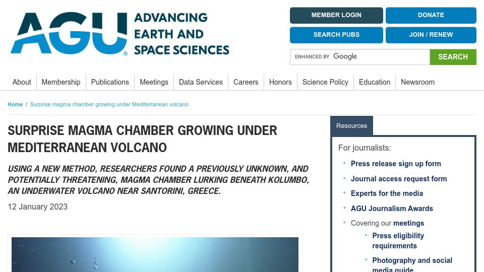 Screenshot of news.agu.org: Surprise Magma Chamber Growing Under Mediterranean Volcano (2023)