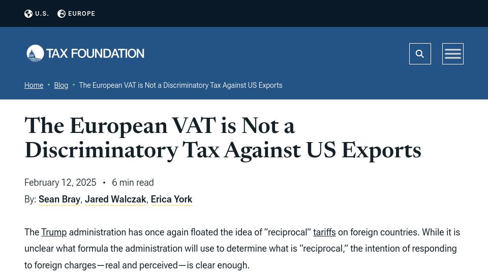 Screenshot of taxfoundation.org: The European Vat Is Not a Discriminatory Tax Against US Exports