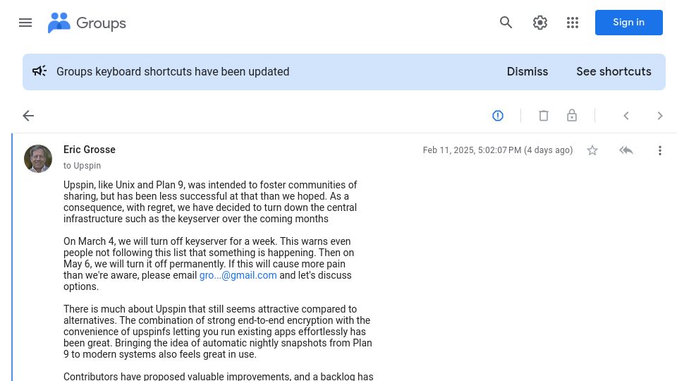 Screenshot of groups.google.com: Turning Down Upspin Infrastructure