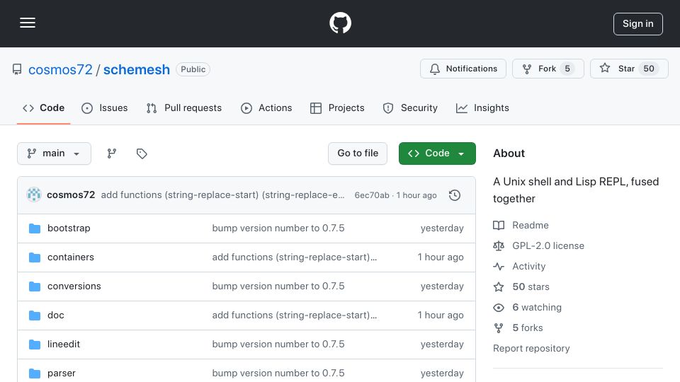 Screenshot of github.com: Schemesh: Fusion between Unix shell and Lisp REPL