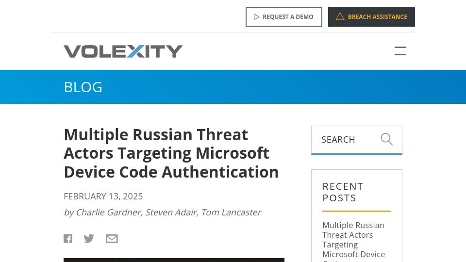 Screenshot of volexity.com: Multiple Russian Threat Actors Targeting Microsoft Device Code Authentication