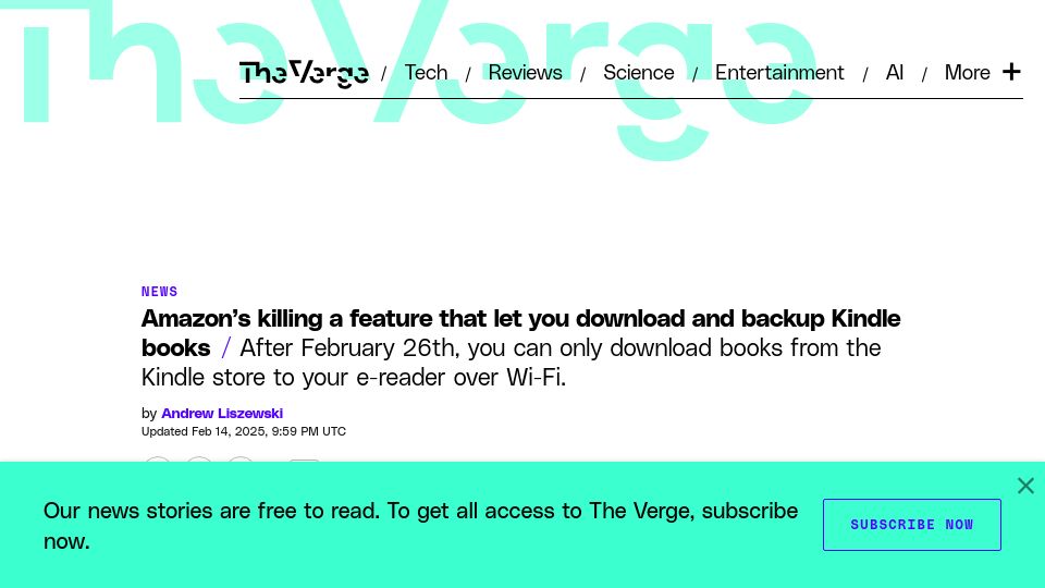 Screenshot of theverge.com: Amazon's killing a feature that let you download and backup Kindle books