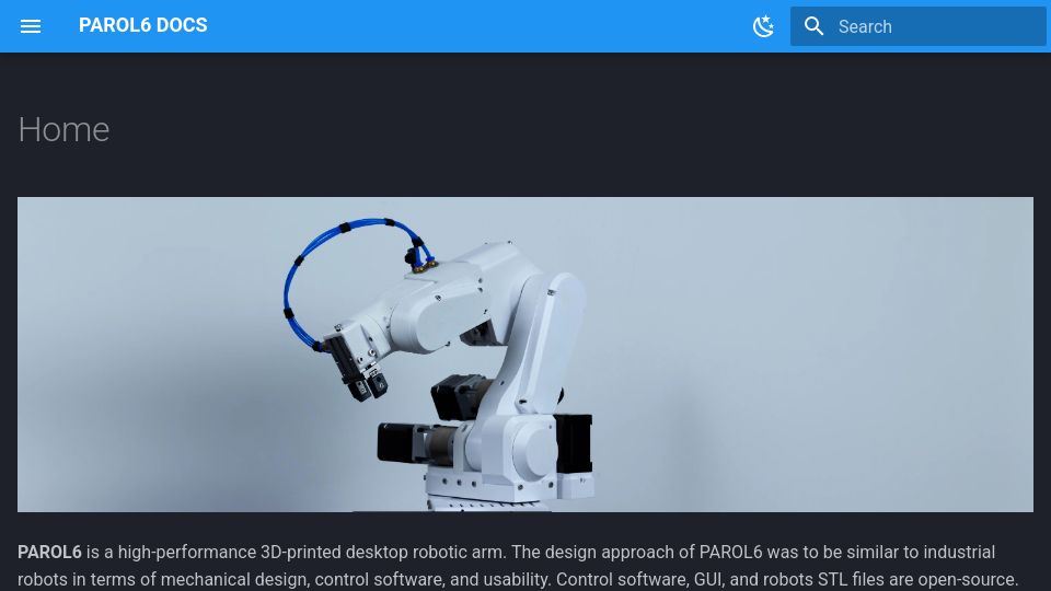Screenshot of source-robotics.github.io: PAROL6: 3D-printed desktop robotic arm
