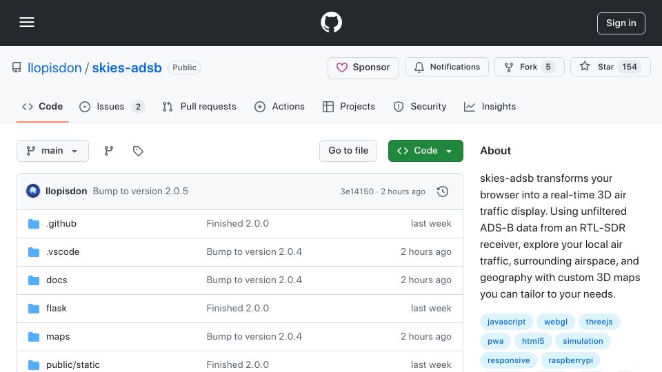 Screenshot of github.com: Show HN: Skies-adsb 2.0 – my 3D plane-tracking web app