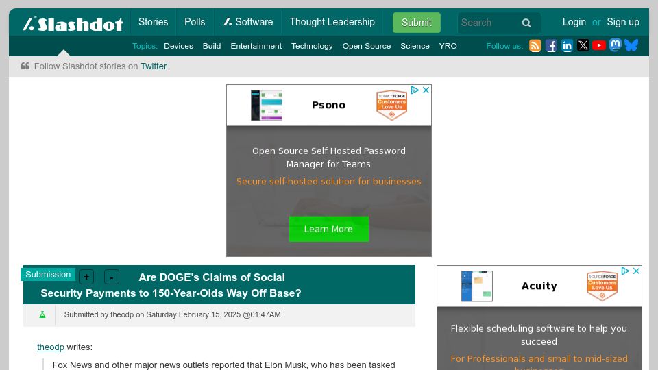 Screenshot of slashdot.org: Are DOGE's Claims of Social Security Payments to 150-Year-Olds Way Off Base?