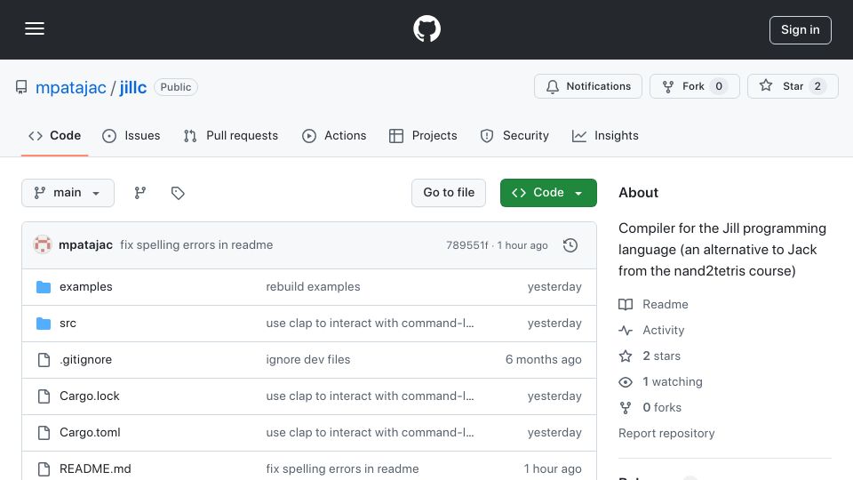 Screenshot of github.com: Jill – a functional programming language for the Nand2Tetris platform