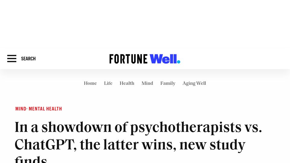 Screenshot of fortune.com: In a showdown of psychotherapists vs. ChatGPT, the latter wins, new study finds