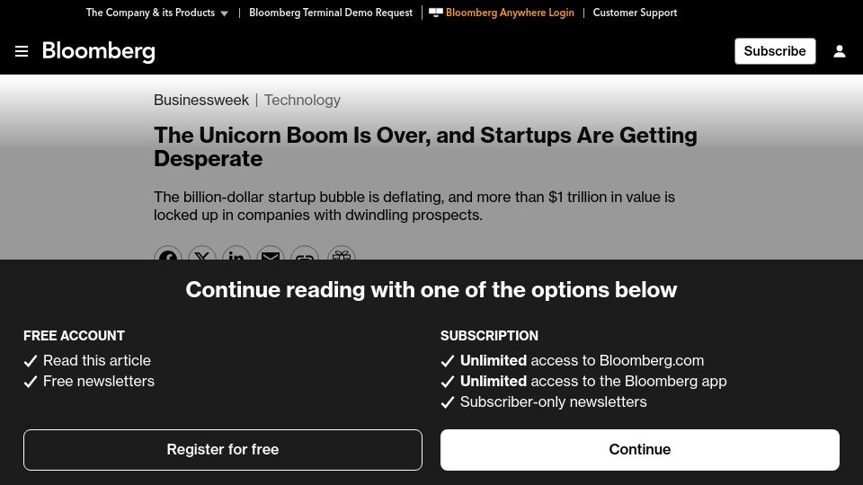 Screenshot of bloomberg.com: The Unicorn Boom Is Over, and Startups Are Getting Desperate