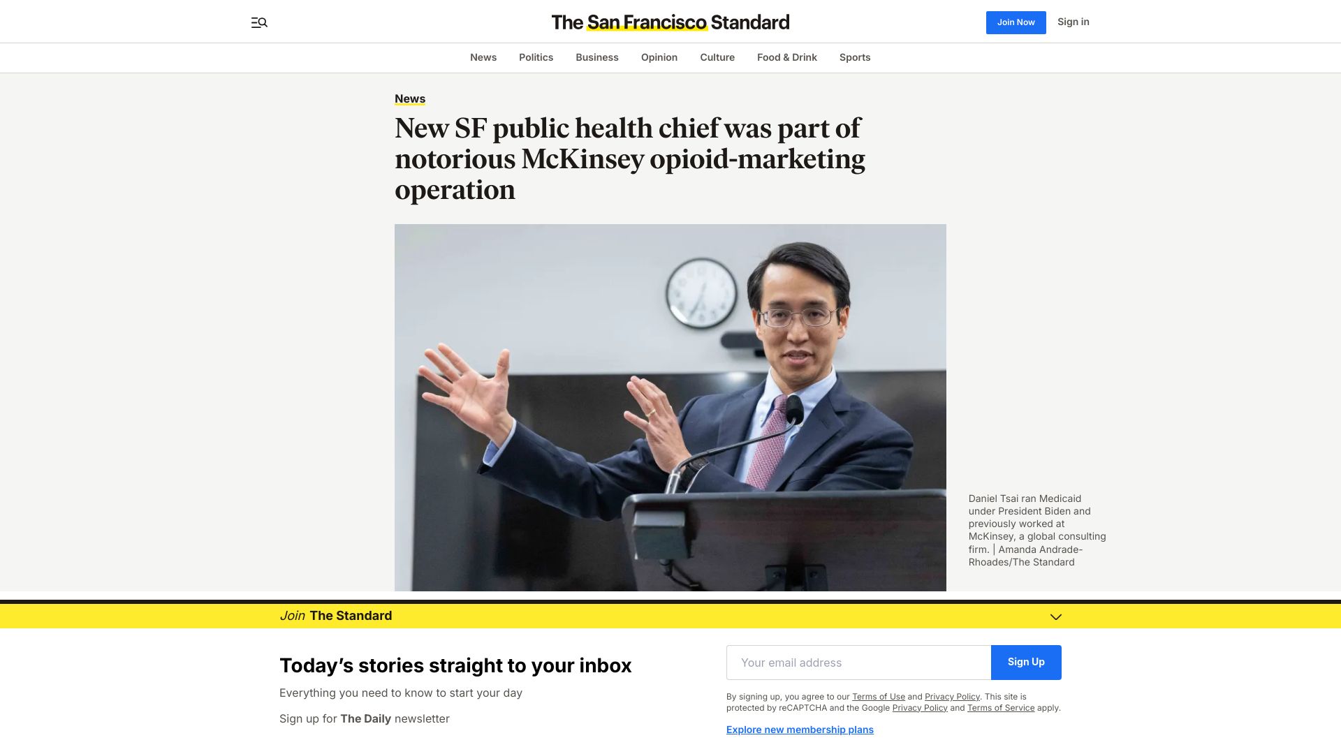 Screenshot of sfstandard.com: New SF public health chief was part of McKinsey opioid-marketing operation