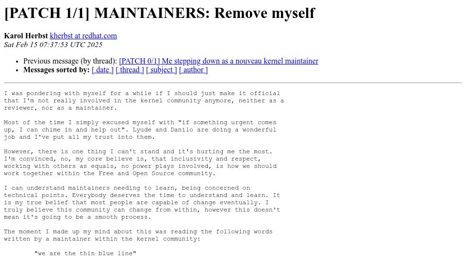 Screenshot of lists.freedesktop.org: Nouveau kernel maintainer steps down