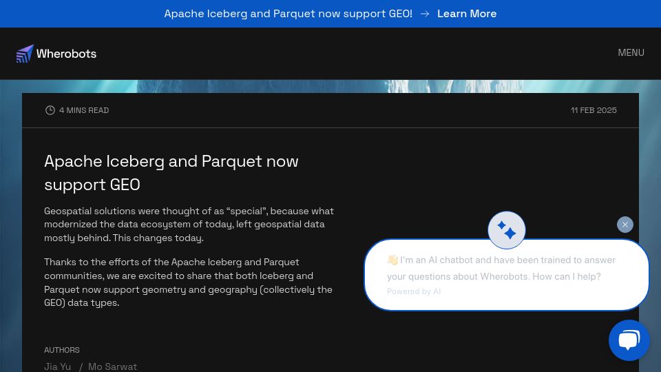 Screenshot of wherobots.com: Apache Iceberg now supports geospatial data types natively