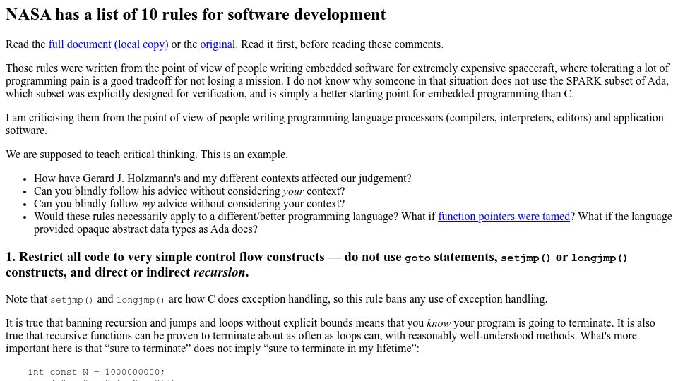 Screenshot of cs.otago.ac.nz: NASA has a list of 10 rules for software development