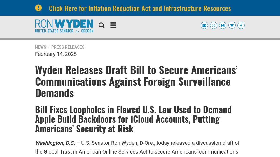 Screenshot of wyden.senate.gov: Wyden Releases Draft Bill to Secure Americans' Communications