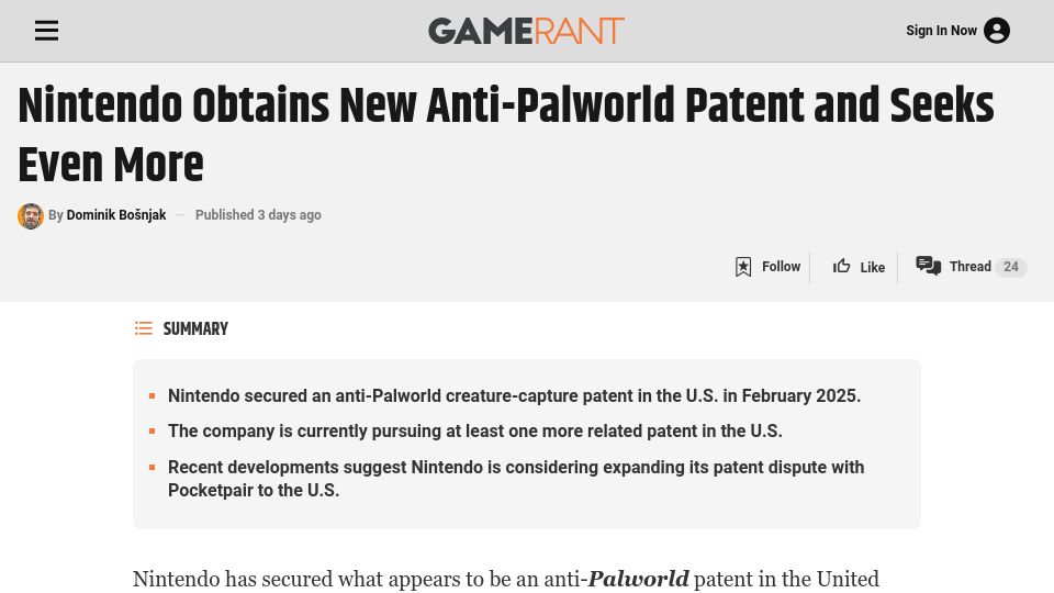 Screenshot of gamerant.com: Nintendo Obtains New Anti-Palworld Patent and Seeks Even More