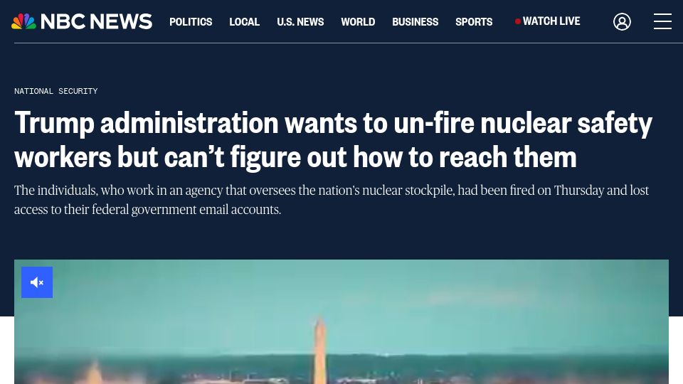 Screenshot of nbcnews.com: US wants to un-fire nuclear safety workers can't figure out how to reach them