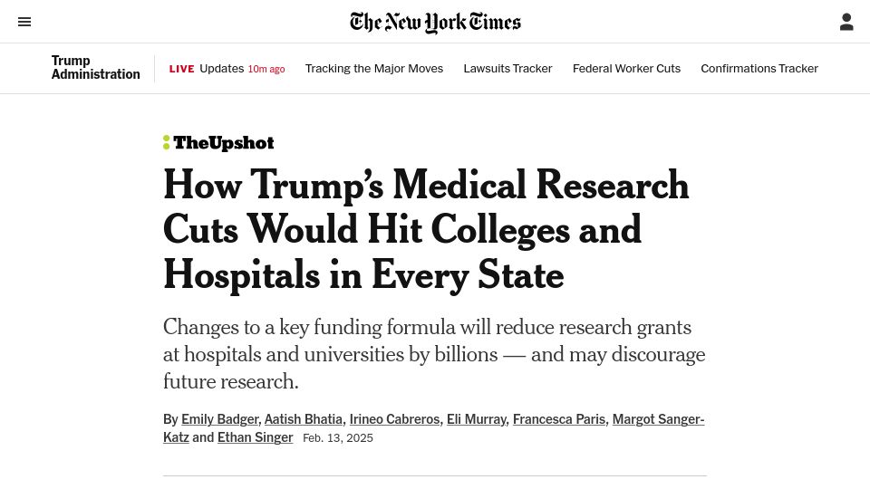 Screenshot of nytimes.com: How Medical Research Cuts Would Hit Colleges and Hospitals in Every State