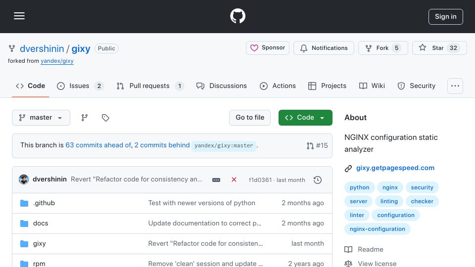 Screenshot of github.com: Gixy: Nginx Configuration Static Analyzer