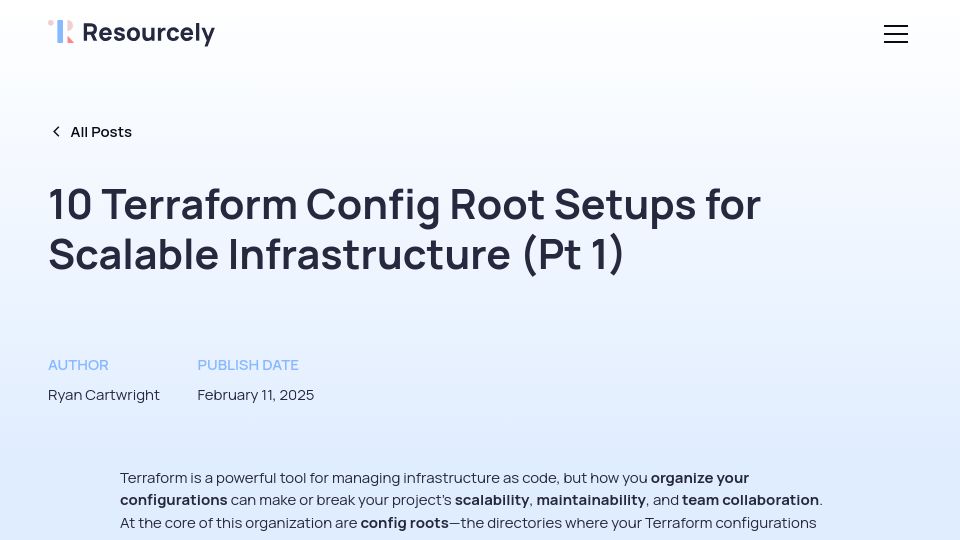 Screenshot of resourcely.io: Terraform Config Root Setups