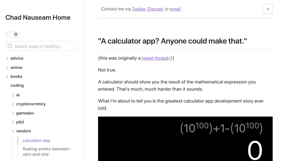 Screenshot of chadnauseam.com: “A calculator app? Anyone could make that”