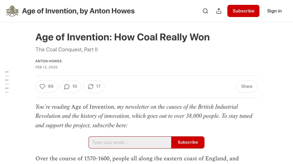 Screenshot of ageofinvention.xyz: Age of Invention: How Coal Won