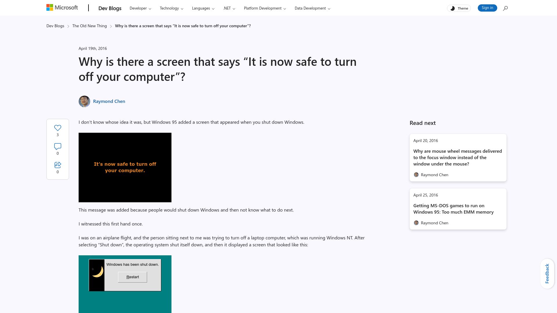 Screenshot of devblogs.microsoft.com: Why is there a screen that says "It is now safe to turn off your computer"? (2016)