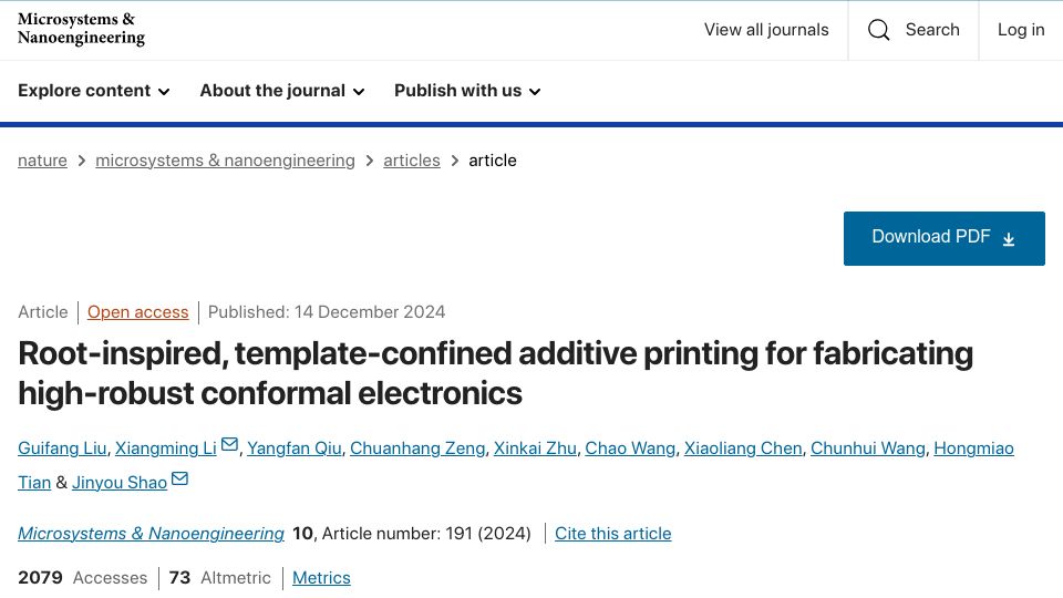 Screenshot of nature.com: Root-inspired additive printing for fabricating robust conformal electronics