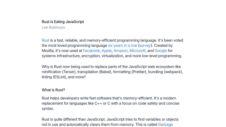 Screenshot of leerob.com: Rust Is Eating JavaScript