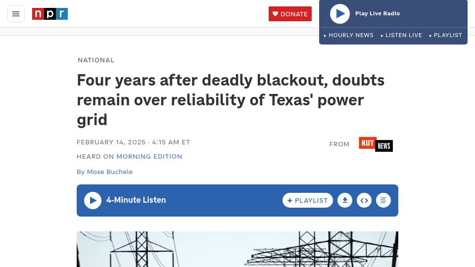 Screenshot of npr.org: Doubts remain over reliability of Texas power grid