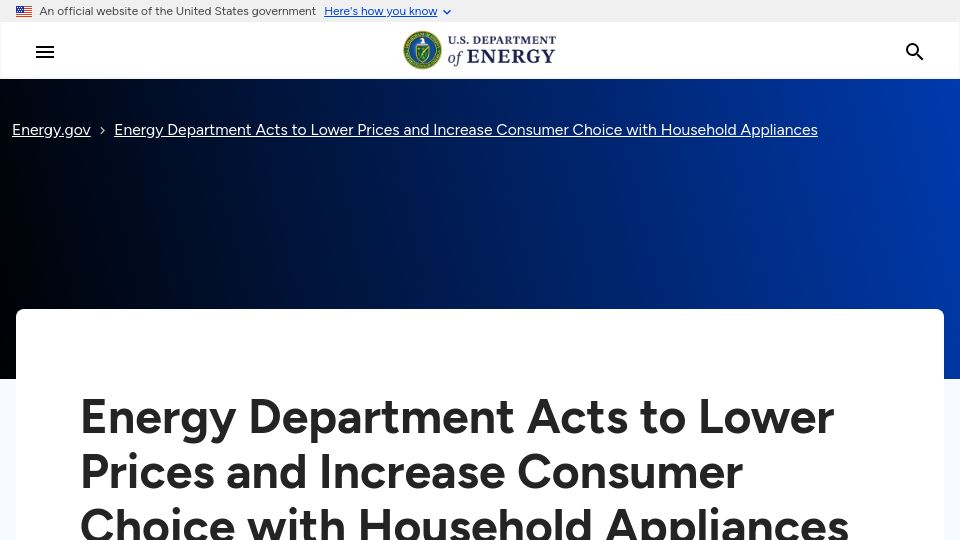 Screenshot of energy.gov: US Energy Department ending appliance efficiency standards