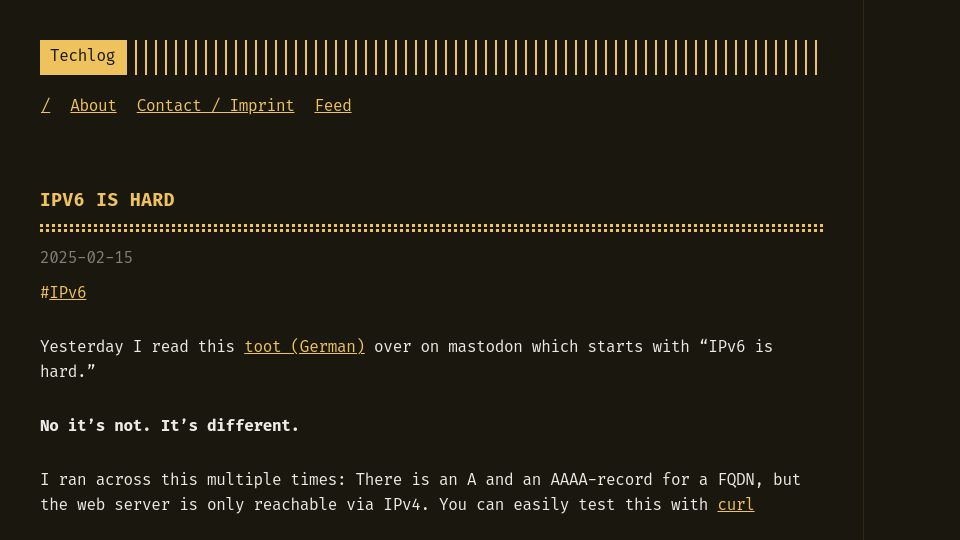 Screenshot of techlog.jenslink.net: IPv6 Is Hard