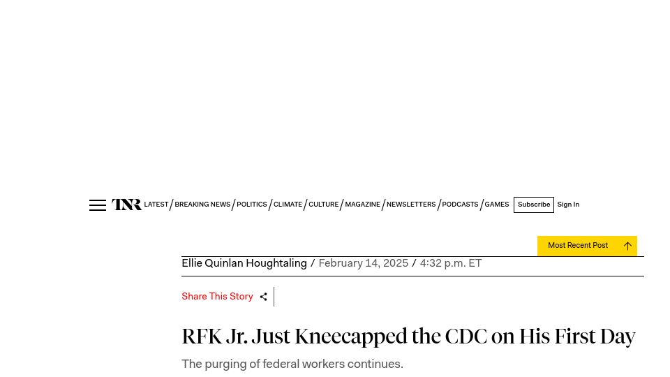 Screenshot of newrepublic.com: Half of CDC Epidemic Intelligence Service Laid Off