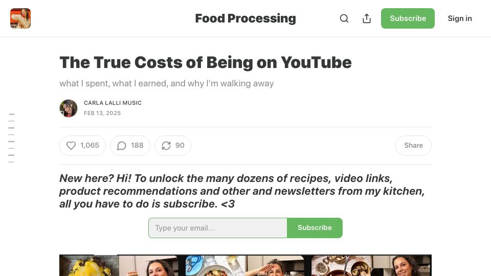 Screenshot of carlalallimusic.substack.com: The True Costs of Being on YouTube
