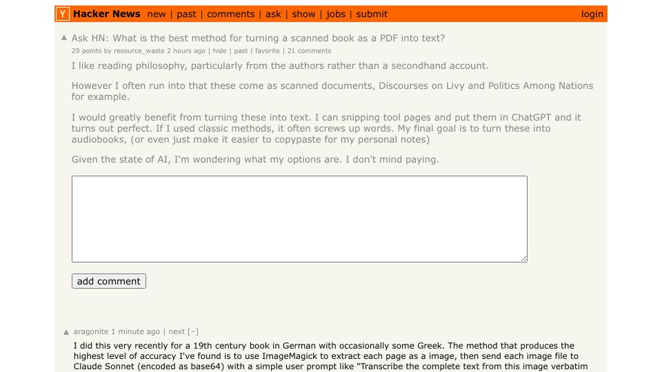 Screenshot of Hacker News post: Ask HN: What is the best method for turning a scanned book as a PDF into text?
