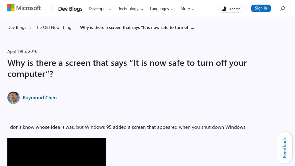 Screenshot of devblogs.microsoft.com: Why is there a screen that says "It is now safe to turn off your computer"? (2016)