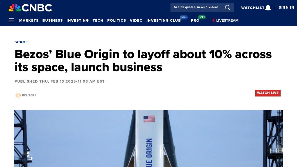 Screenshot of cnbc.com: Bezos' Blue Origin to layoff about 10% across its space, launch business