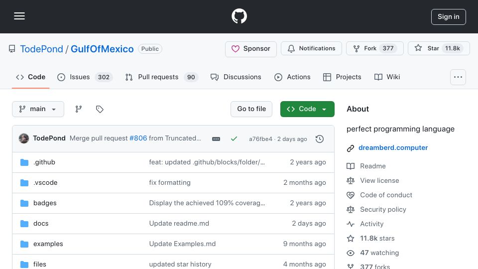 Screenshot of github.com: GulfOfMexico: Perfect Programming Language