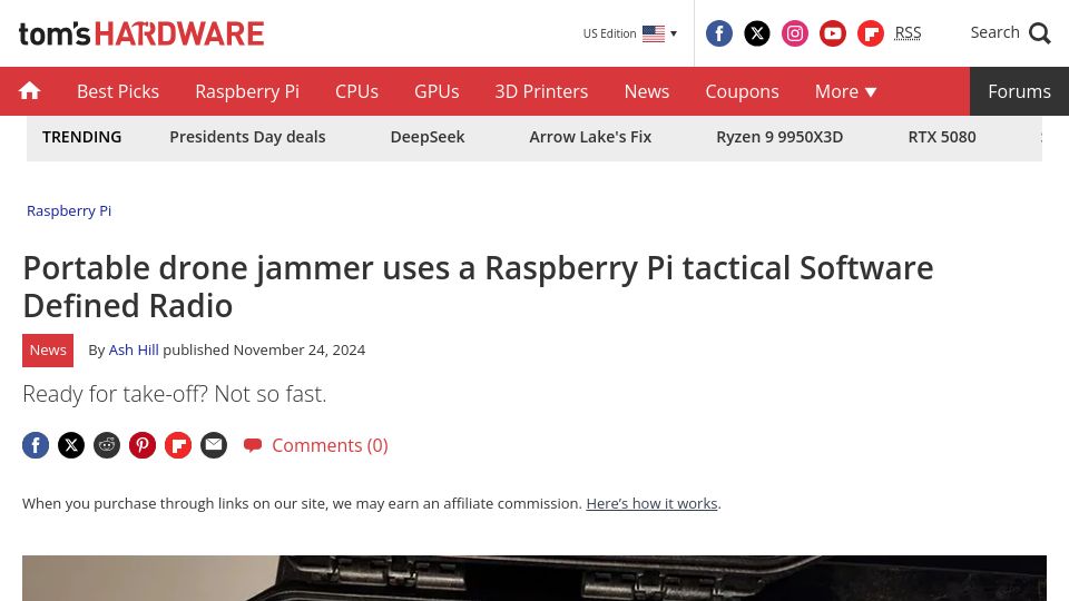 Screenshot of tomshardware.com: Portable drone jammer uses a Raspberry Pi tactical Software Defined Radio