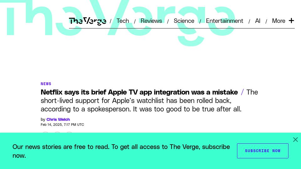Screenshot of theverge.com: Netflix says its brief Apple TV app integration was a mistake