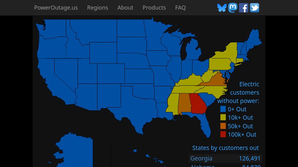 Screenshot of poweroutage.us: United States Power Outage Map