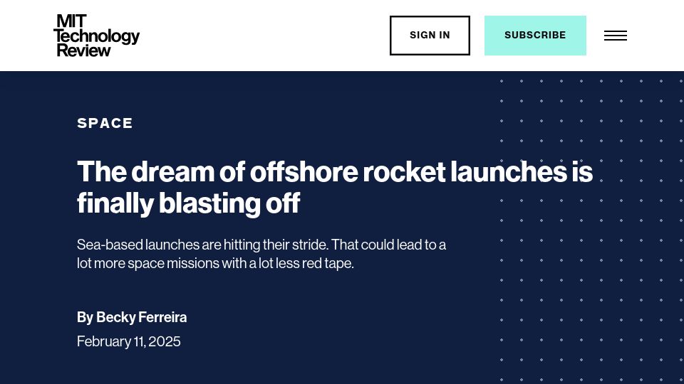 Screenshot of technologyreview.com: The dream of offshore rocket launches is finally blasting off
